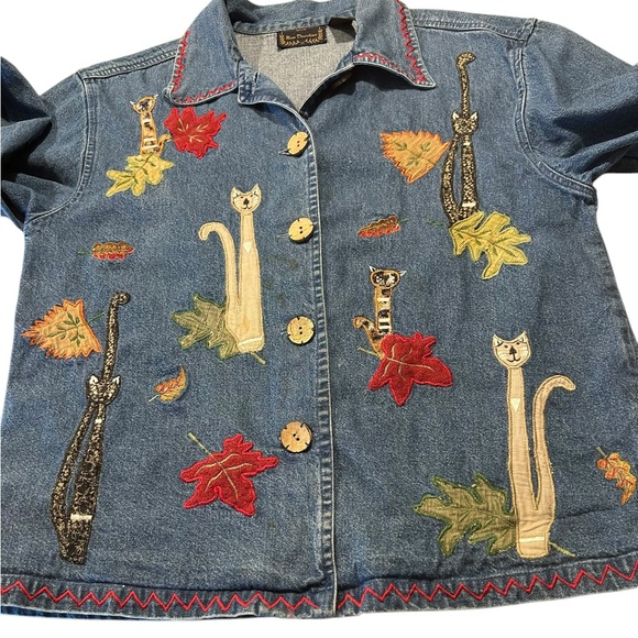 New Directions Denim Jacket with Cat and Leaf Embroidery - Picture 7 of 11